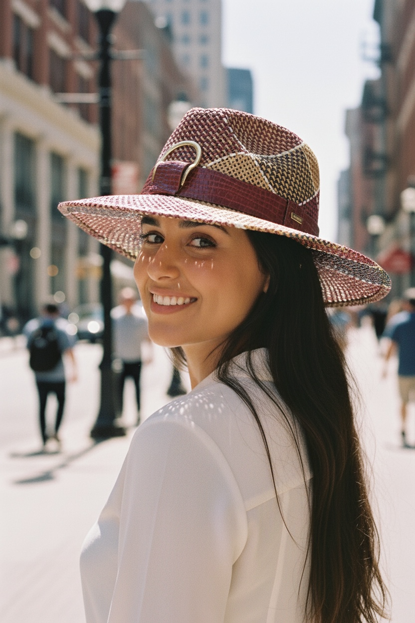 Woman wearing a straw hat on a city street