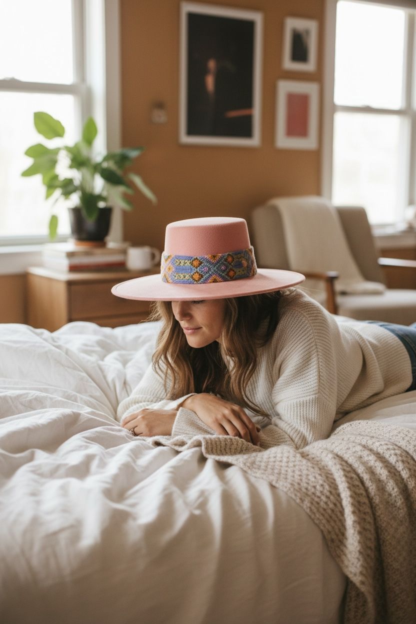 Pink suede Cordobés flat brim hat with Otomí embroidery
