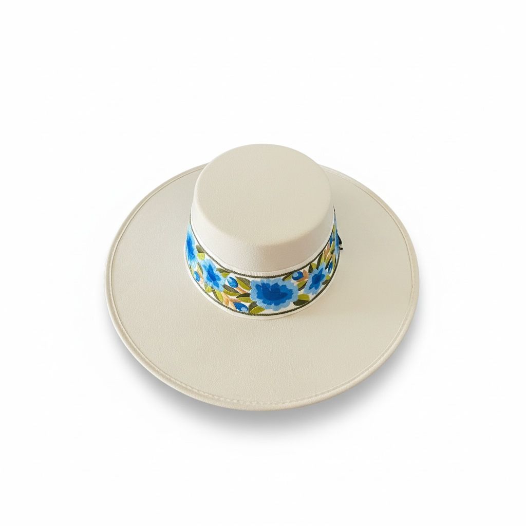 Ivory flat brim cordobés hat with blue floral embroidered hatband