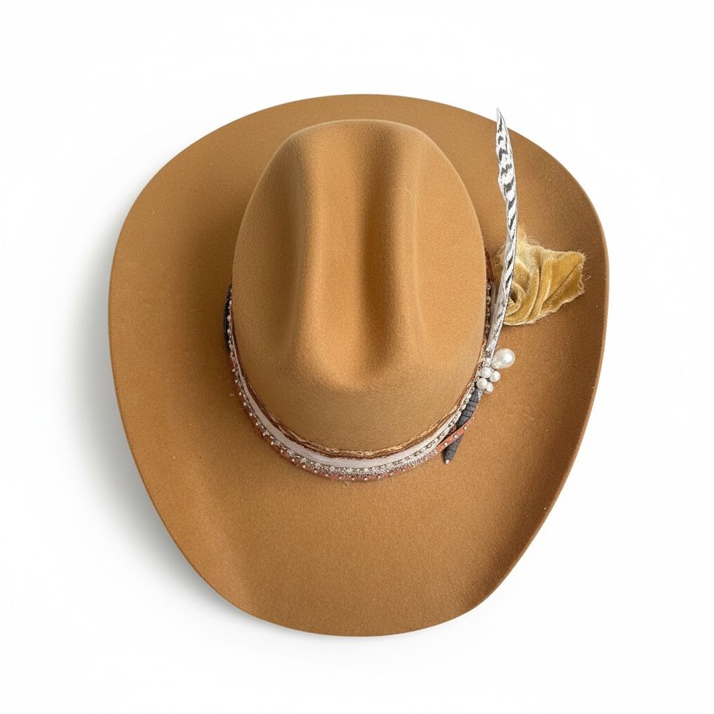 •	Luxury wool fedora with chiffon hatband and freshwater pearls