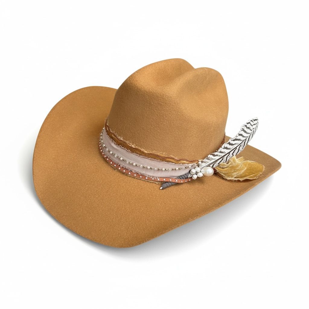 •	Luxury wool fedora with chiffon hatband and freshwater pearls