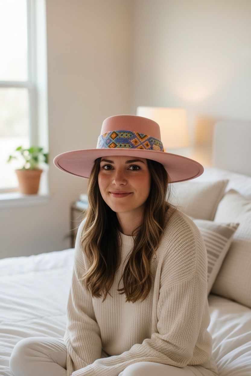 Pink suede Cordobés flat brim hat with Otomí embroidery
