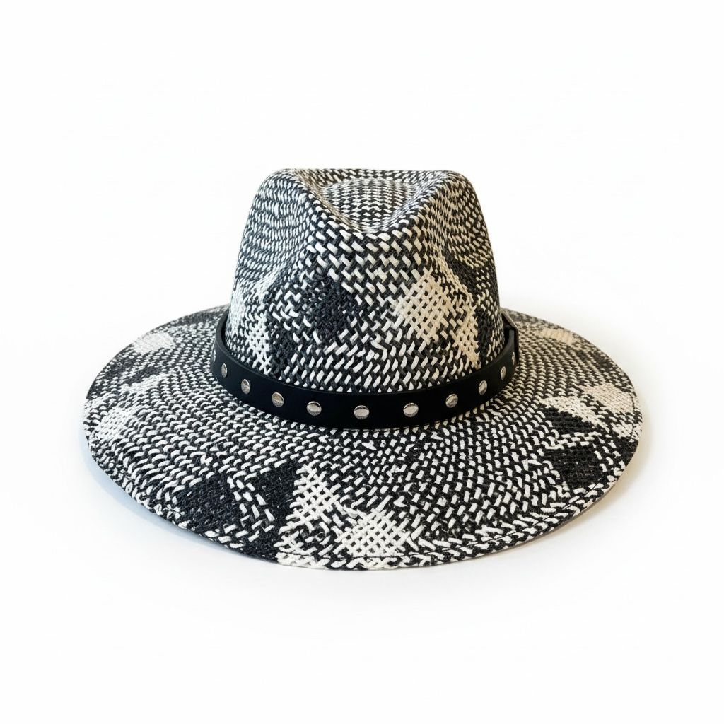 Luxury handcrafted canvas hat with leather belt and metal studs