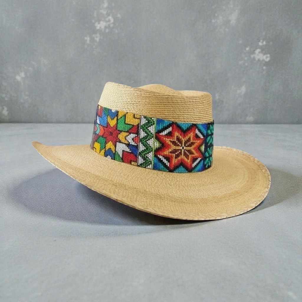 Luxury handwoven Huichol palm straw hat detail